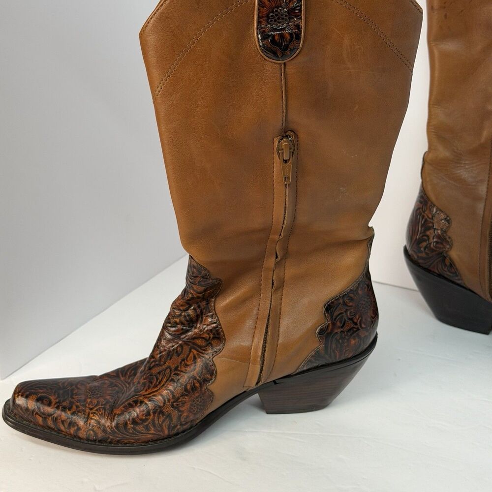 Coldwater Creek Women's 8.5 M Leather Western Boots Tooled Floral Brown Zip - Picture 2 of 16